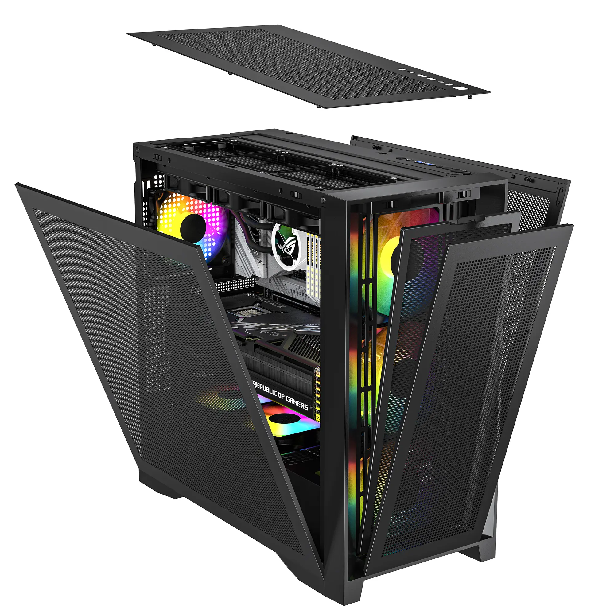 Gaming computer case with 5 detachable iron mes...